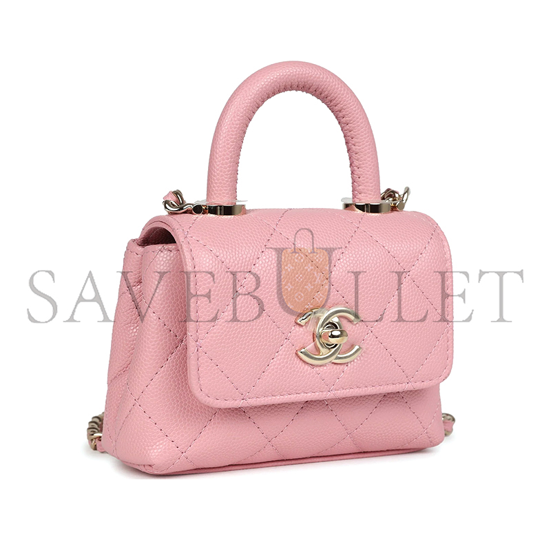 Ch**el master grained calfskin nano coco top handle flap bag light gold hardware pink ap4245 (11*9*5cm)